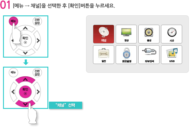 [메뉴→채널]을 선택한 후 [확인] 버튼을 누르세요